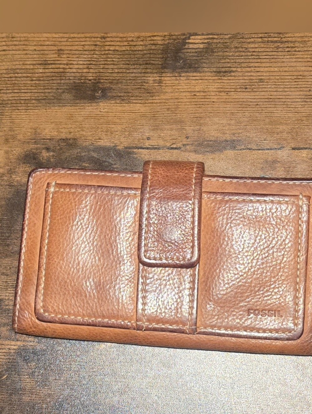 Fossil Brown Leather Pocketbook Wallet with Snap Strap & Coin Pouch